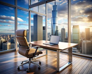 Office interior with a panoramic window and city view. 3d rendering