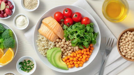 Healthy food plate with grilled salmon, vegetables, rice and whole grains, tomatoes, avocado and surrounded by healthy foods on a white wooden table, Eating for good health and diet, top view. 