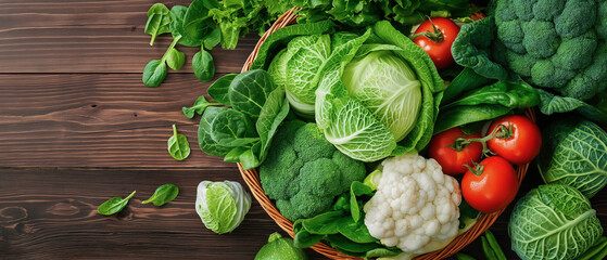Vibrant fresh green organic vegetables and ripe red tomatoes in a basket and on wooden table,  Top view, healthy food. 