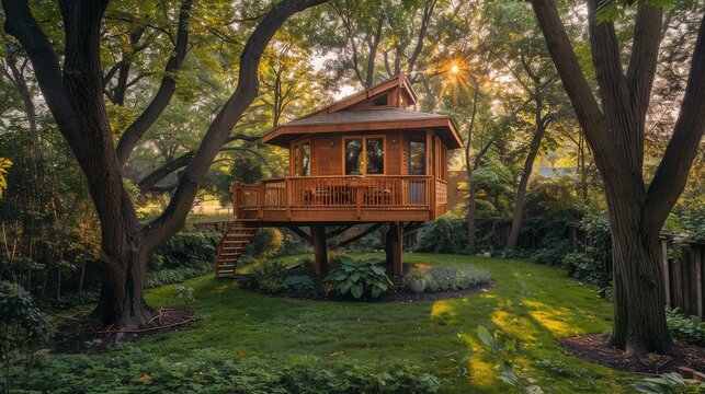 Building a treehouse in a large backyard surrounded by nature