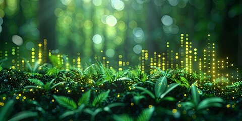 Green bar charts fluctuating for positive eco-investing in the stock market or green investment banking