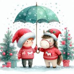 A boy and his horse stand under an umbrella in a snowy Christmas scene.  They are both wearing red sweaters and Santa hats.  There are two Christmas trees in the background.