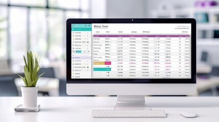 A computer monitor displays a calendar with a green plant in the foreground