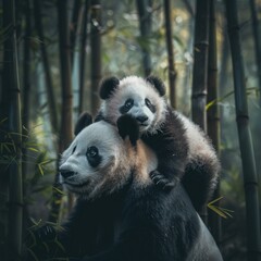 Obraz premium Playful Panda Cub Climbing on Mother in Forest