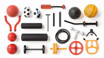 Set of different sports equipment on white background. Sporting goods isolated on white. Photo realistic photo.