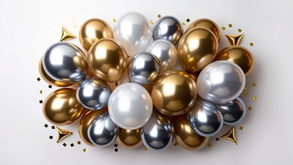 Gold, Silver and White Balloons on White Background.