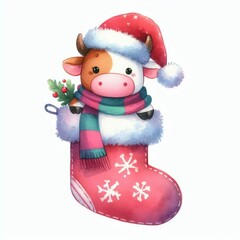 A cute cartoon cow wearing a Santa hat and scarf, peeking out of a Christmas stocking.