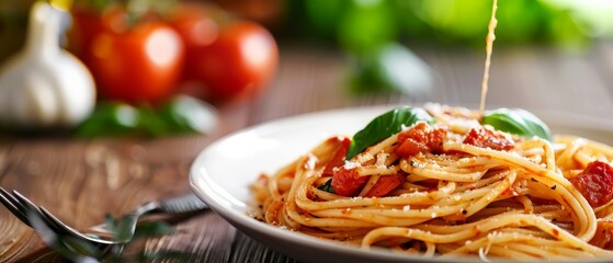 A close-up of a delicious plate of spaghetti with tomato sauce, garnished with basil and Parmesan cheese, with fresh tomatoes and garlic in the background