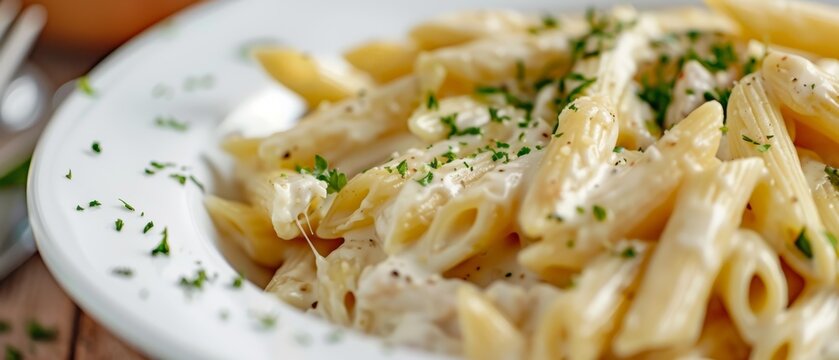 A close-up image of creamy penne pasta garnished with fresh parsley on a white plate. The pasta appears abundant and freshly cooked