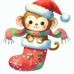 A cute cartoon monkey wearing a Santa hat and scarf peeks out of a Christmas stocking.