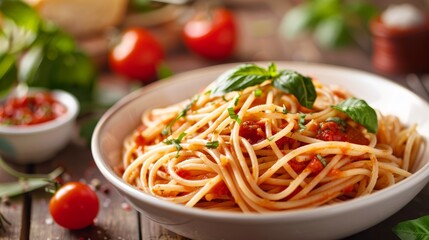 A bowl of spaghetti with tomato sauce, garnished with fresh basil and herbs, served in a rustic setting with tomatoes and greens in the background