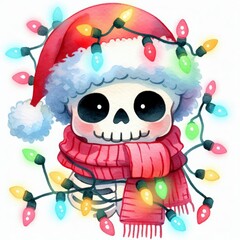 A cute cartoon skeleton wearing a Santa hat and scarf surrounded by Christmas lights.