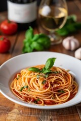 A plate of spaghetti with tomato sauce garnished with basil leaves, accompanied by a glass of white wine and fresh ingredients in the background