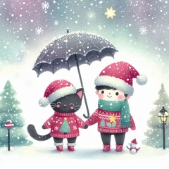 A cute cat and a boy wearing Santa hats and sweaters walk together under an umbrella in a snowy winter wonderland.