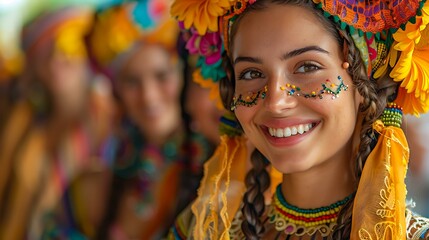 Fototapeta premium A young woman in traditional colorful clothing and vibrant face paint smiles brightly. It can be used for cultural festivals, diversity, and celebration themes.