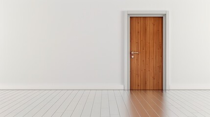 Naklejka premium A wooden door is standing in a room with white walls
