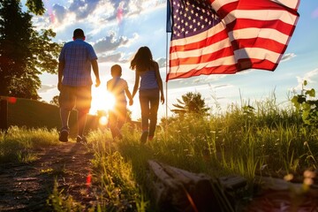 family walking with American flag at sunset, patriotic scene, warm light