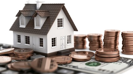 Real Estate Investment with Miniature House and Stacks of Coins
