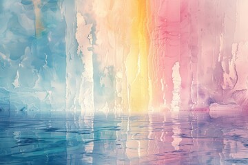A vibrant abstract artwork featuring colorful water reflections with blue, yellow, and pink hues blending seamlessly.