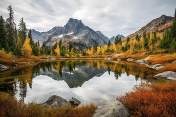 Obraz premium generated illustration of crystal clear mountain lake with a view of snow capped peaks.
