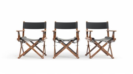 Multi angle of Director's chair isolated on white background, front left right. Movies isolated on white. Photo realistic photo.