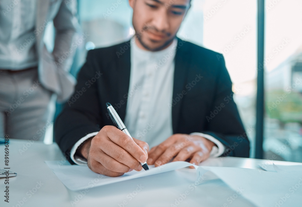 Poster Hands, lawyer and contract with signature in office for deal, compliance or documentation for admin. Man, attorney and paperwork for agreement, writing or decision with identity in legal consultation