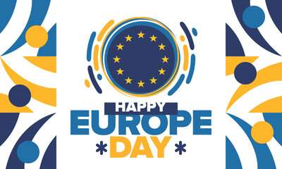 Europe Day. Annual public holiday in May. Is the name of two annual observance days - 5 May by the Council of Europe and 9 May by the European Union. Poster, card, banner and background. Vector