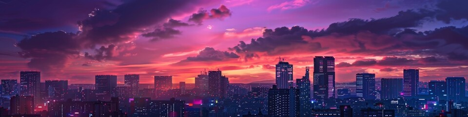 Obraz premium Abstract Nighttime Skyline with Cool Purple Tones: Lo-Fi Ambiance Inspired by Comics and Anime. Futuristic Urban Landscape Depicting Prosperity and City Nightlife. Aerial View of Thriving Metropolis. 