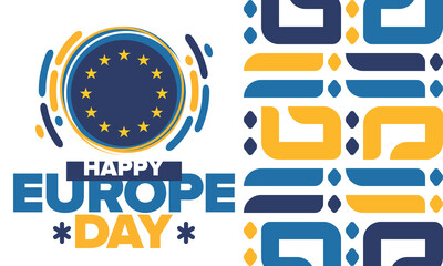 Europe Day. Annual public holiday in May. Is the name of two annual observance days - 5 May by the Council of Europe and 9 May by the European Union. Poster, card, banner and background. Vector