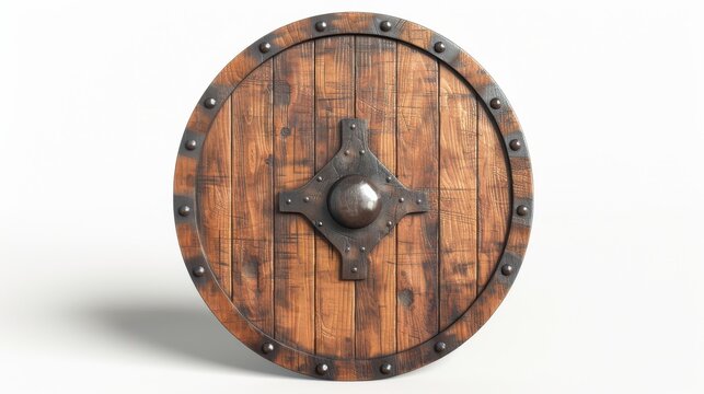 Fantasy round viking wooden shield on an isolated white background. 3d illustration. Board games isolated on white. Photo realistic photo.