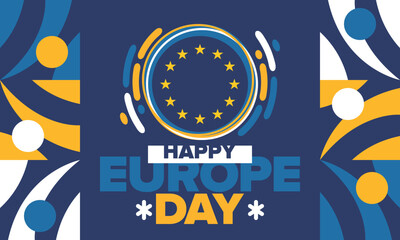 Europe Day. Annual public holiday in May. Is the name of two annual observance days - 5 May by the Council of Europe and 9 May by the European Union. Poster, card, banner and background. Vector