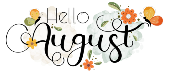 Hello August on ornaments. Hello AUGUST month vector with flowers, butterfly and leaves. Decoration floral. Illustration month August	

