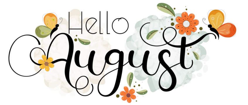Hello August on ornaments. Hello AUGUST month vector with flowers, butterfly and leaves. Decoration floral. Illustration month August	
