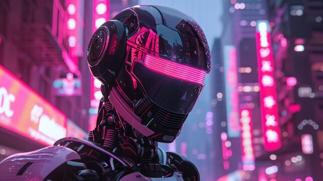 A robot with a pink headlight is standing in front of a neon sign