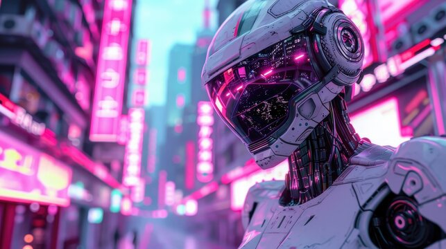 A robot with a pink helmet stands in front of a neon sign