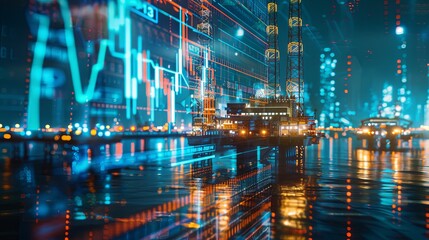 Oil platform against economic data background, concept of rising gasoline prices with double exposure of digital screen, global oil industry