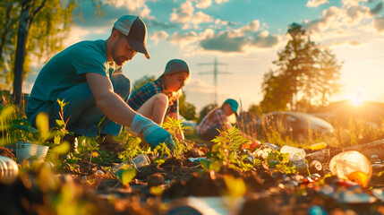 environmental activists and community members restoring a natural habitat, planting native plants and cleaning up litter, with a vibrant and hopeful atmosphere, ideal for themes of