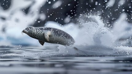 Fototapeta premium Spotted Seal Leaping Out of Icy Water