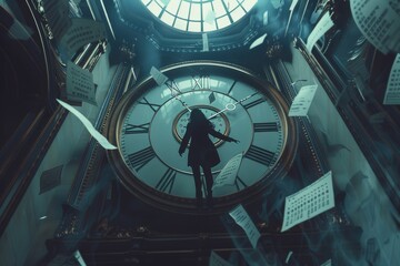 A surreal scene of a figure standing on a giant clock face, surrounded by floating papers in a grand domed room.