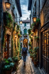 Urban Adventure: Traveler Wandering Through a Historic Cities Charming Backstreets. generative AI