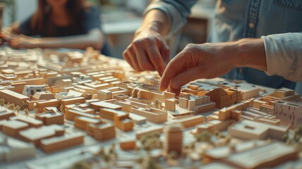Close-up of hands working on a detailed architectural model, showcasing urban planning and design with precision and creativity.
