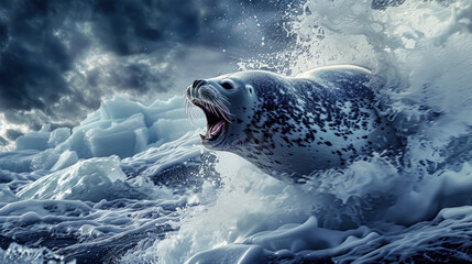Fototapeta premium Spotted Seal Leaping Out of Icy Water