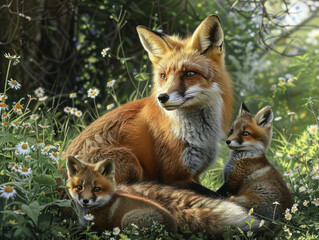 Red Fox with Adorable Pups in Forest