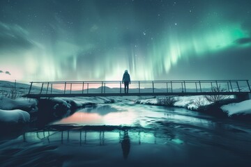 A lone figure on a bridge marvels at the stunning aurora dancing across the starry night sky over a snowy landscape.