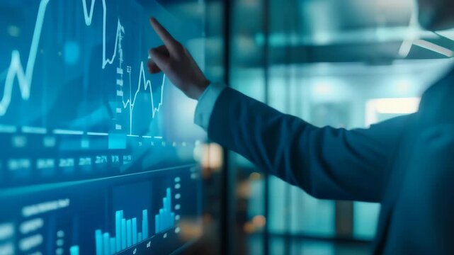 Businessman pointing at a large digital screen displaying financial graphs and data analysis. Concept of market analysis, business strategy, and corporate decision-making 