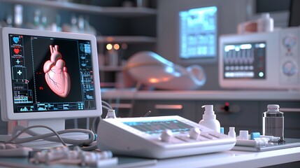 Modern cardiology setup, vivid heart scan on ultrasound screen, advanced equipment in background.