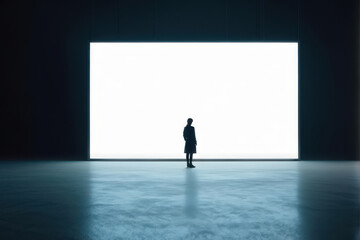 Obraz premium Less is More: A Solo Figure Bathed in Light in a Minimalist Composition. Simple Serenity: A Person Finds Peace in a Clean and Uncluttered Space. generative AI