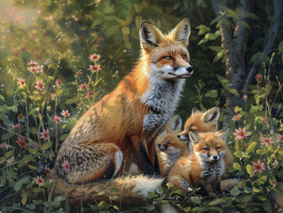 Obraz premium Red Fox with Adorable Pups in Forest