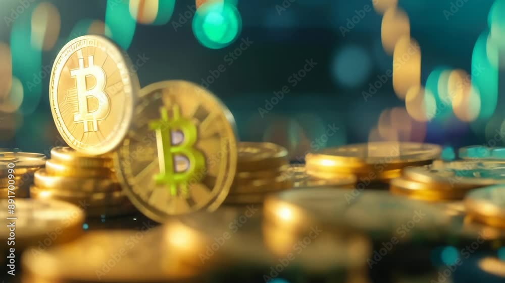 Poster stacks of gold bitcoin coins with a blurred financial graph in the background. symbolizing cryptocur