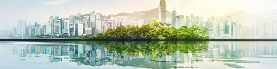 Obraz premium Abstract Double Exposure: Lush Green Forest Merging with Modern Urban Skyline. Environmental Concept for World Environment Day. Eco-friendly, Low-carbon Theme Highlighting Nature-City Coexistence. 4K 